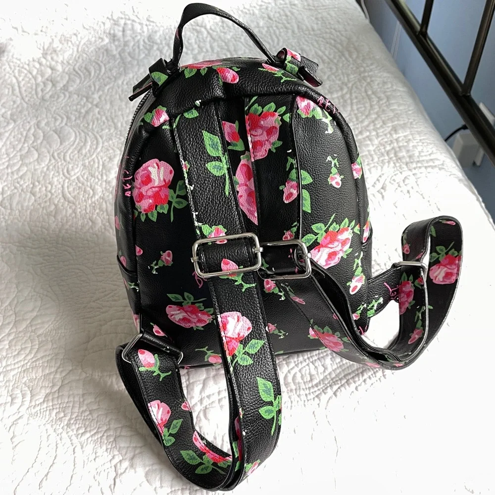 Betsey Johnson Floral Black Mini Backpack with Pink Accents - Picture 4 of 12